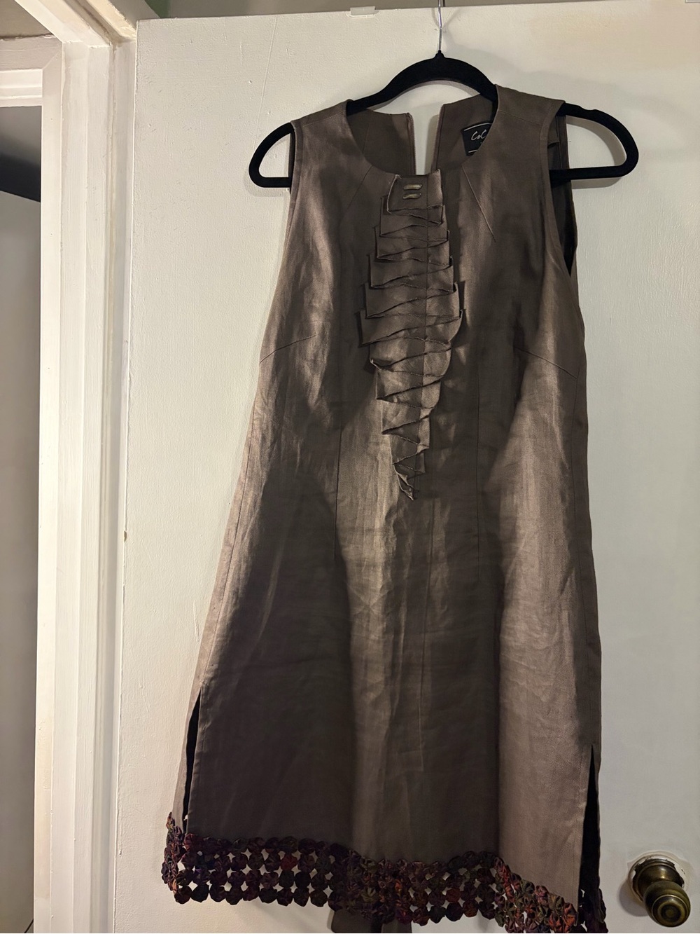 CoCoChine by David Nguyen Art-to-Wear Linen Dress – Floral Lattice Hem – Size 2